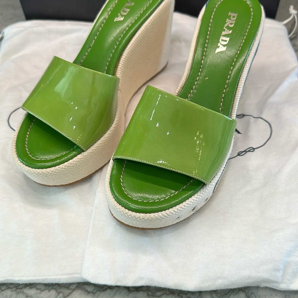 Prada Green Wedge Sandals with Glossy Finish